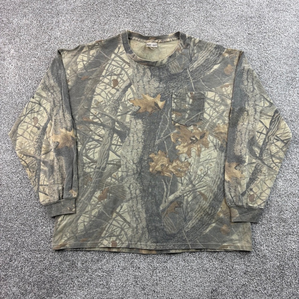Vintage Jerzees Camo Shirt Mens XL Camo Cotton Realtree Hardwoods Pocket LS